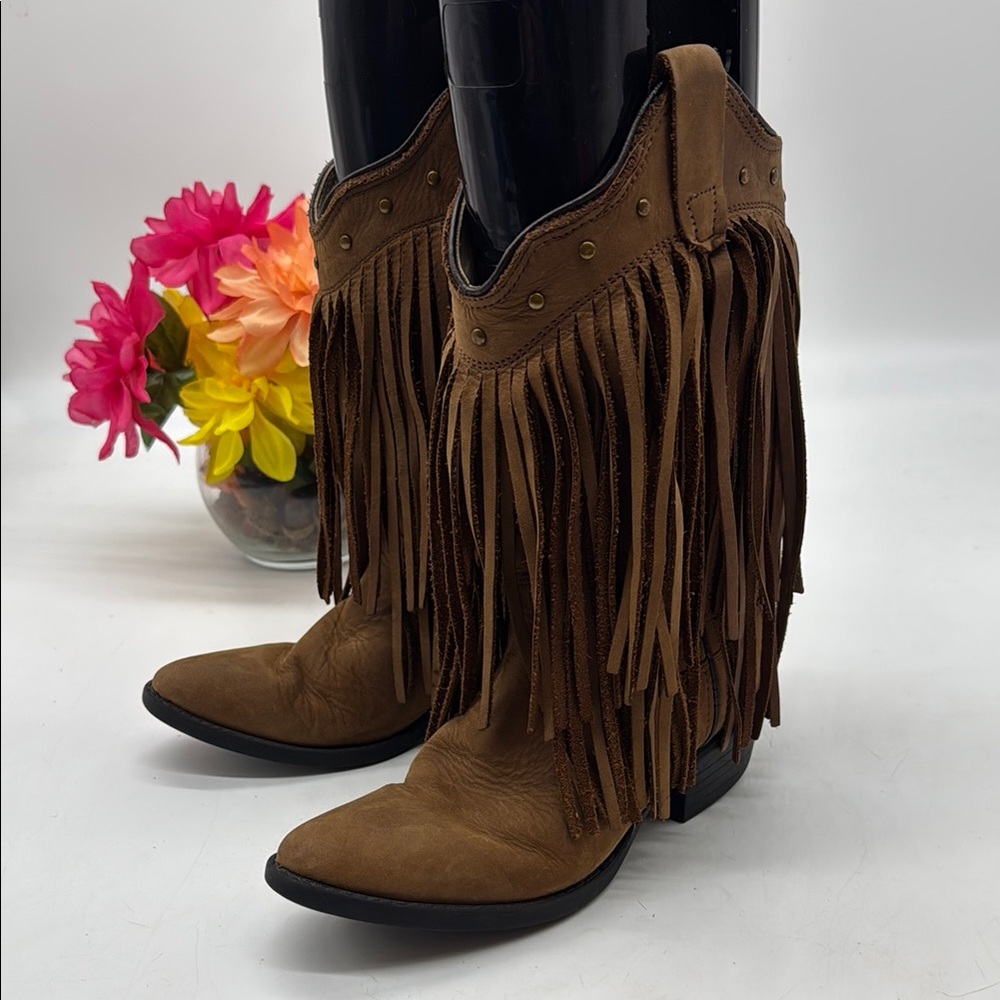 Old West Tan Fringe Heeled Leather Boots Size 2 COW9092